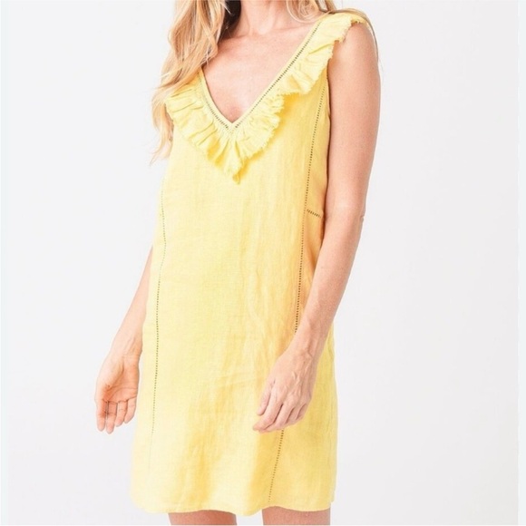 Faherty Ellis Sleeveless Ruffle Yellow Linen Shift Mini Dress Size medium - Picture 2 of 6